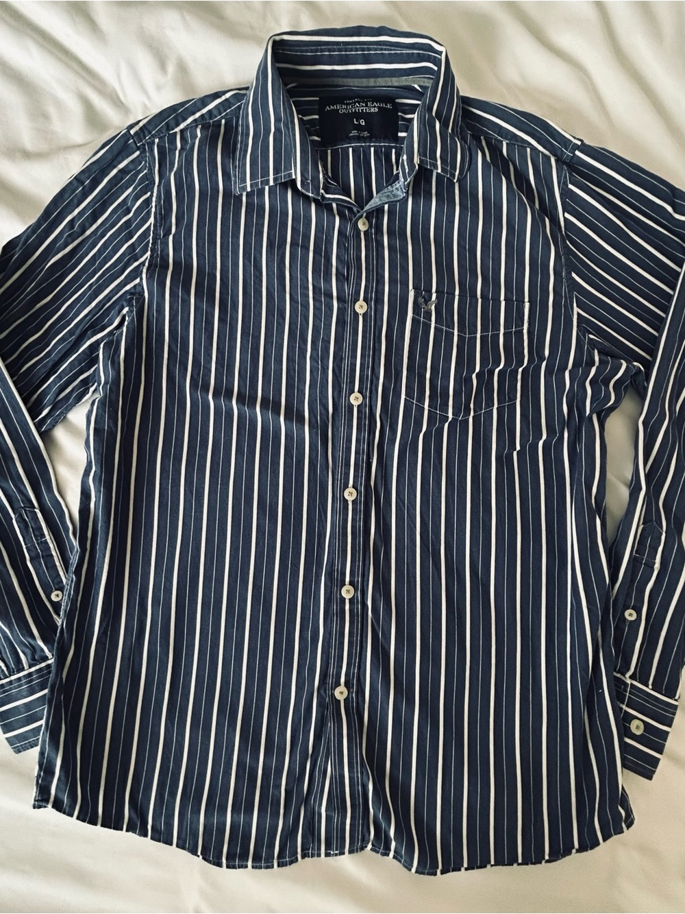 American Eagle Outfitters Navy and White Vertical Stripe Button-Down Shirt